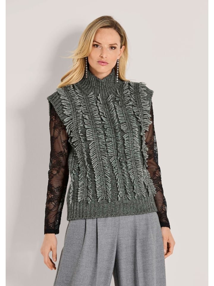 

MADELEINE Современный вязаный свитер с бахромой и воротником-стойкой, серо-меланжевого цвета