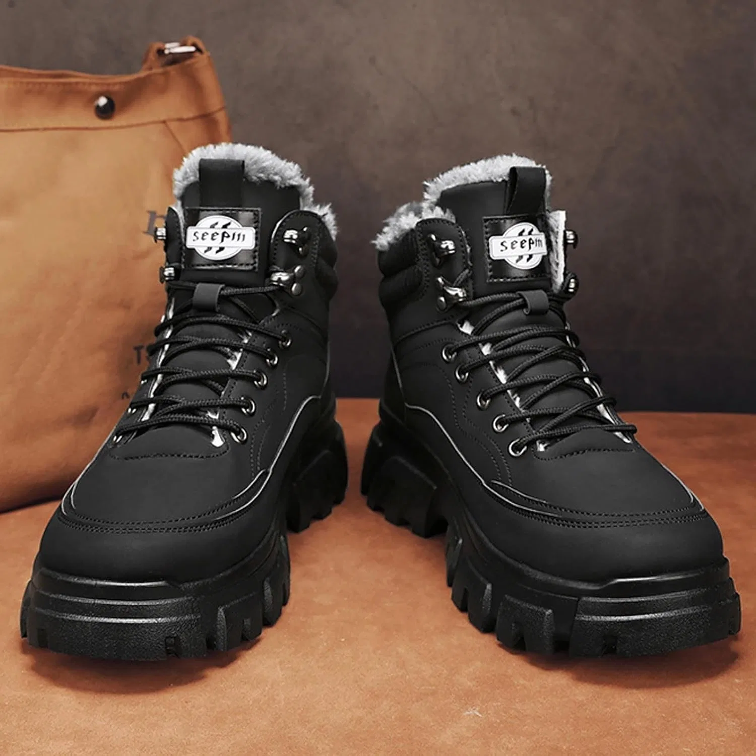 Ботинки Winter Wanderschuhe Damen Herren, Herren Winterstiefel einfarbigem Fleece mit Schnürung, warme Schneestiefel, lässiger Komfort Generic, Schwarz — фото 2
