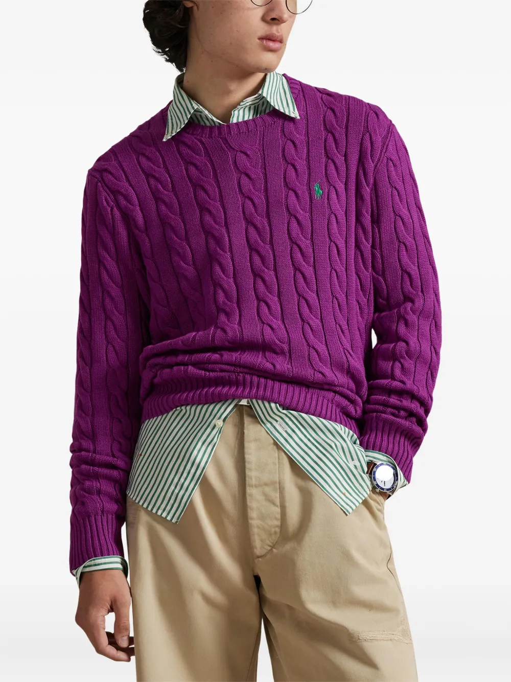 Свитер фактурной вязки с вышивкой Polo Ralph Lauren, фиолетовый — фото 3