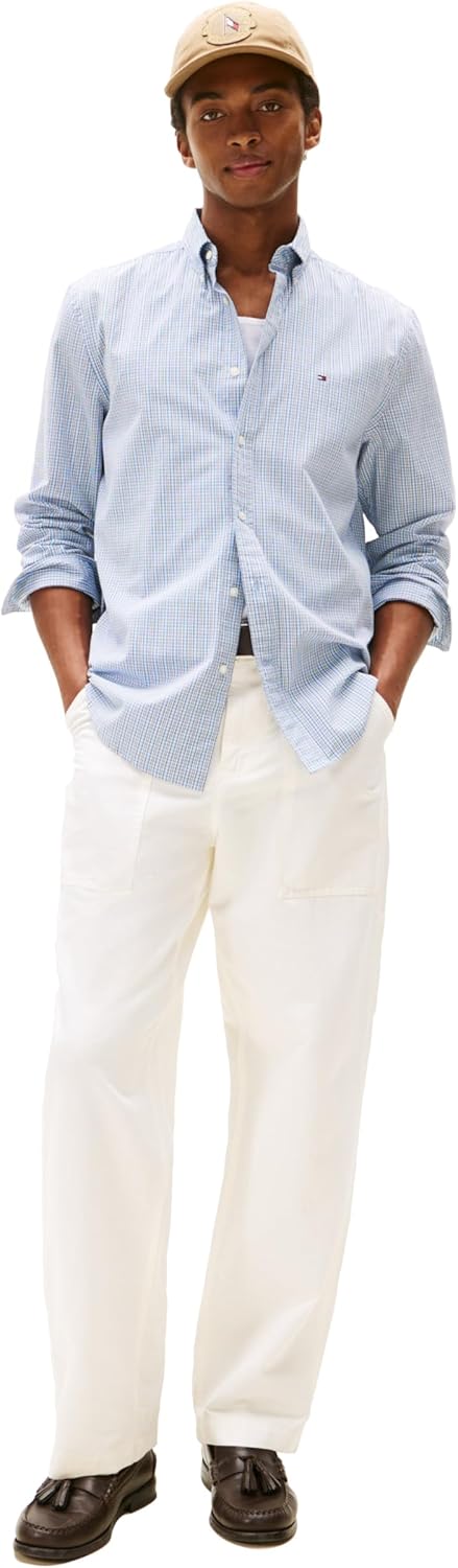 Мужские рубашки Tommy Hilfiger Poplin с длинным рукавом, классического кроя, застегивающиеся на пуговицы, также доступны в размерах для больших и высоких размеров., Breezy Blue / Multi Check — фото 3