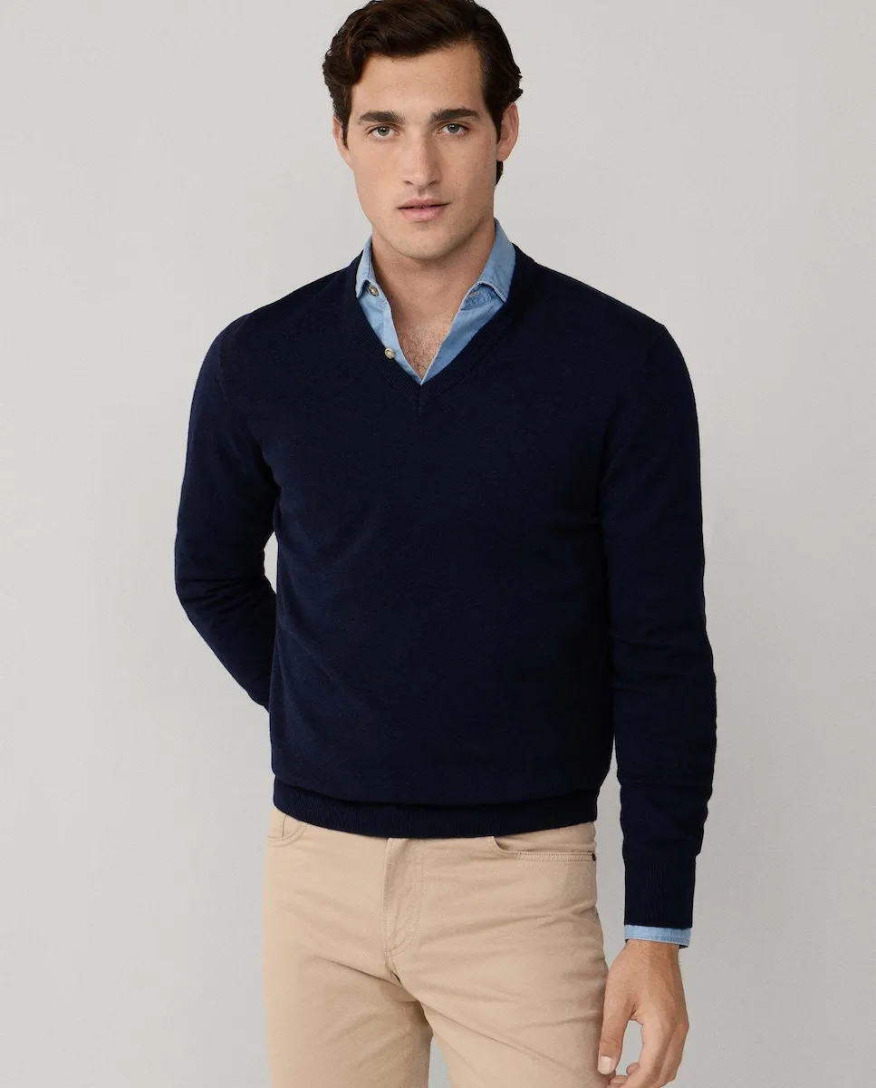 

Джемпер из смеси мериносовой шерсти с V-образным вырезом Hackett, темно-синий