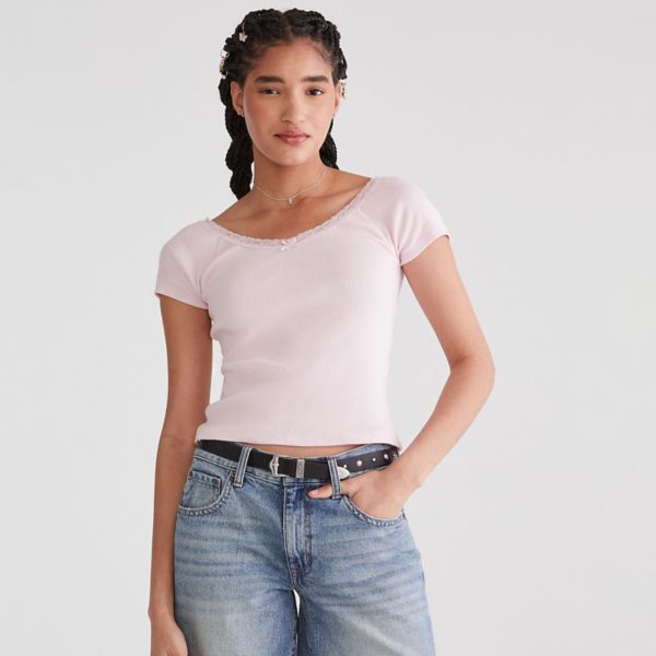 

Детская футболка с V-образным вырезом и кружевной отделкой Aeropostale, цвет chalk pink