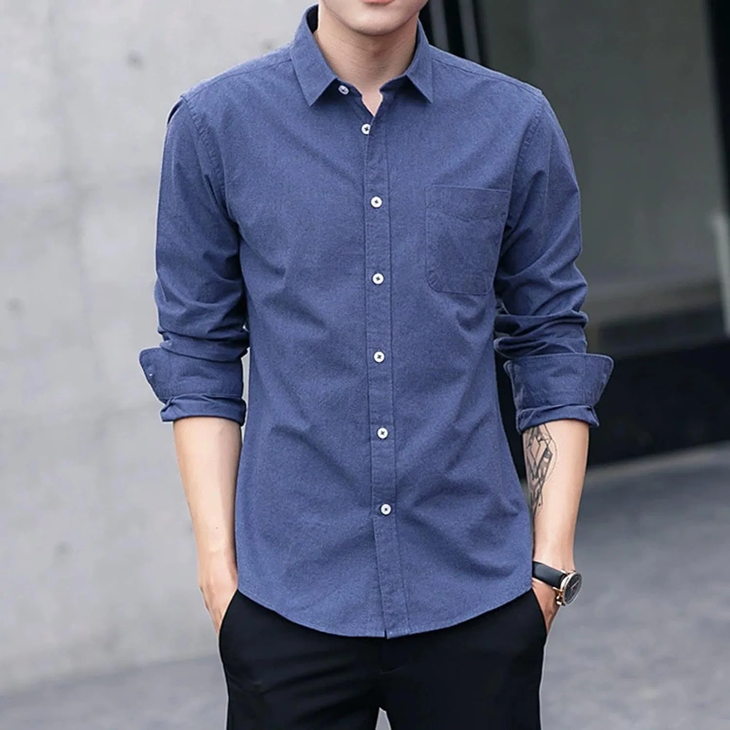 Рубашка, мужская, длинный рукав, Button-Down, темно-синий — фото 2