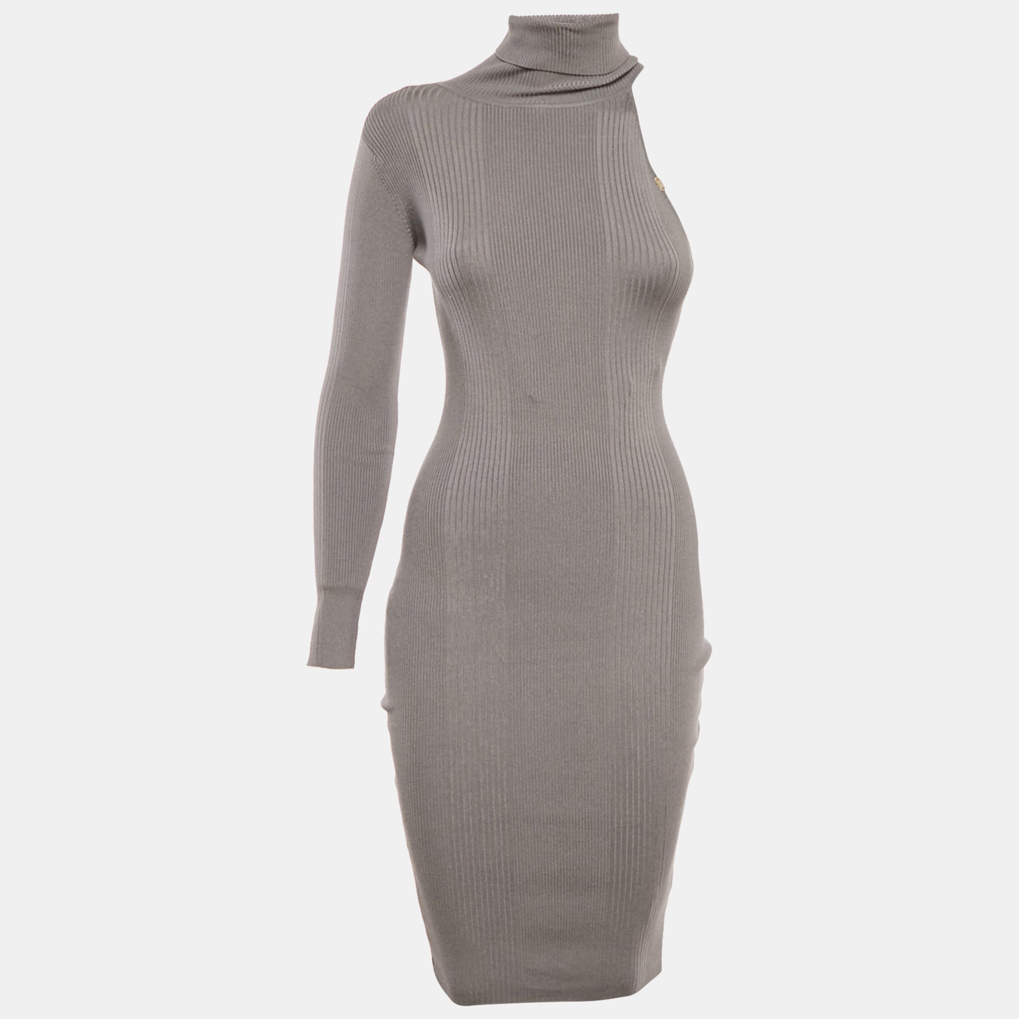 

Платье-футляр Elisabetta Franchi серого цвета из ребристой вязки на одно плечо