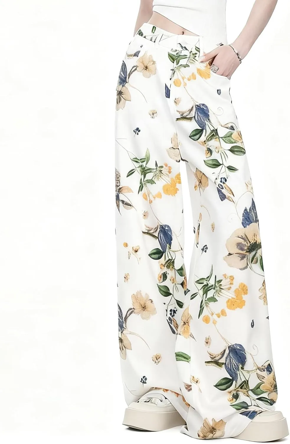 

Женские джинсы baggy high waist wide leg с цветочным принтом y2k в стиле harajuku streetwear белые LUUTWAL