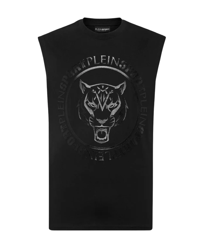 

Черная футболка без рукавов с изображением карбонового тигра Plein Sport, черный