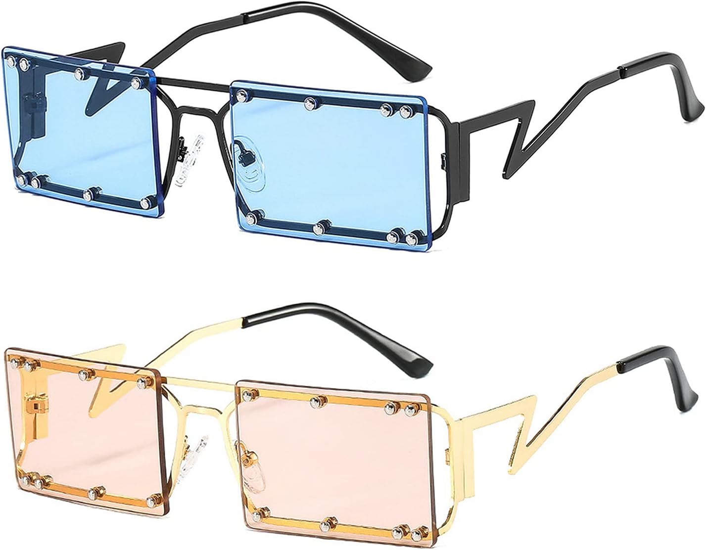 

Модные прямоугольные солнцезащитные очки для женщин, винтажные, без оправы, с прозрачными линзами цвета морской волны, мужские солнцезащитные очки с заклепками, защита от УФ-излучения UV400 COTIA, Blue&pink