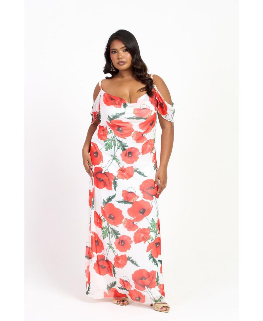 

Женское платье с открытыми плечами, принтом маков и бретелями FASHION-SZN CURVE, White