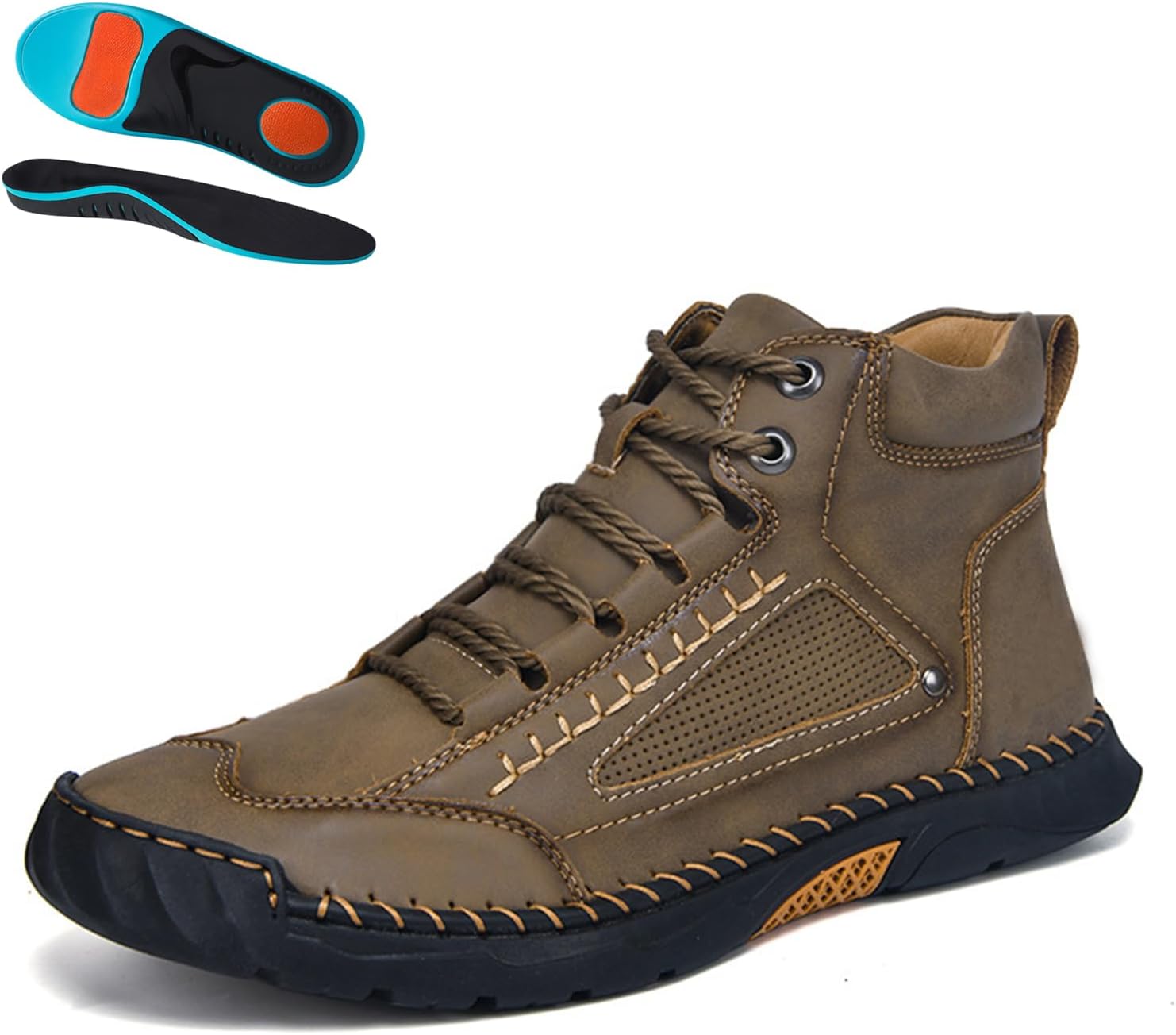 

Комфортные мужские кожаные ботинки ручной работы- водонепроницаемые с поддержкой свода и просторным носком Rolinb, хаки