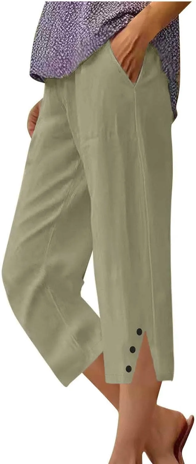Капри для женщин Cotton Linen, прямые широкие брюки-кюлоты с эластичной талией, лето 2026, укороченные брюки на пуговице Generic, серый