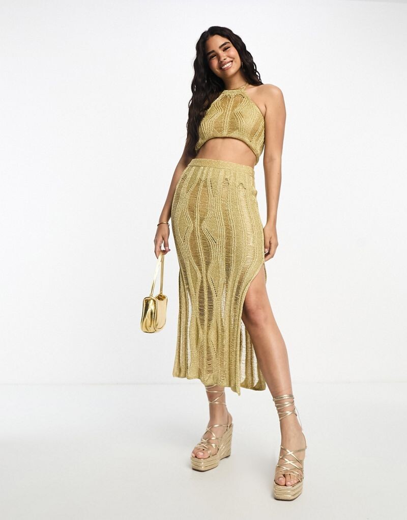 

Золотистая юбка макси с блестками и лесенкой Miss Selfridge