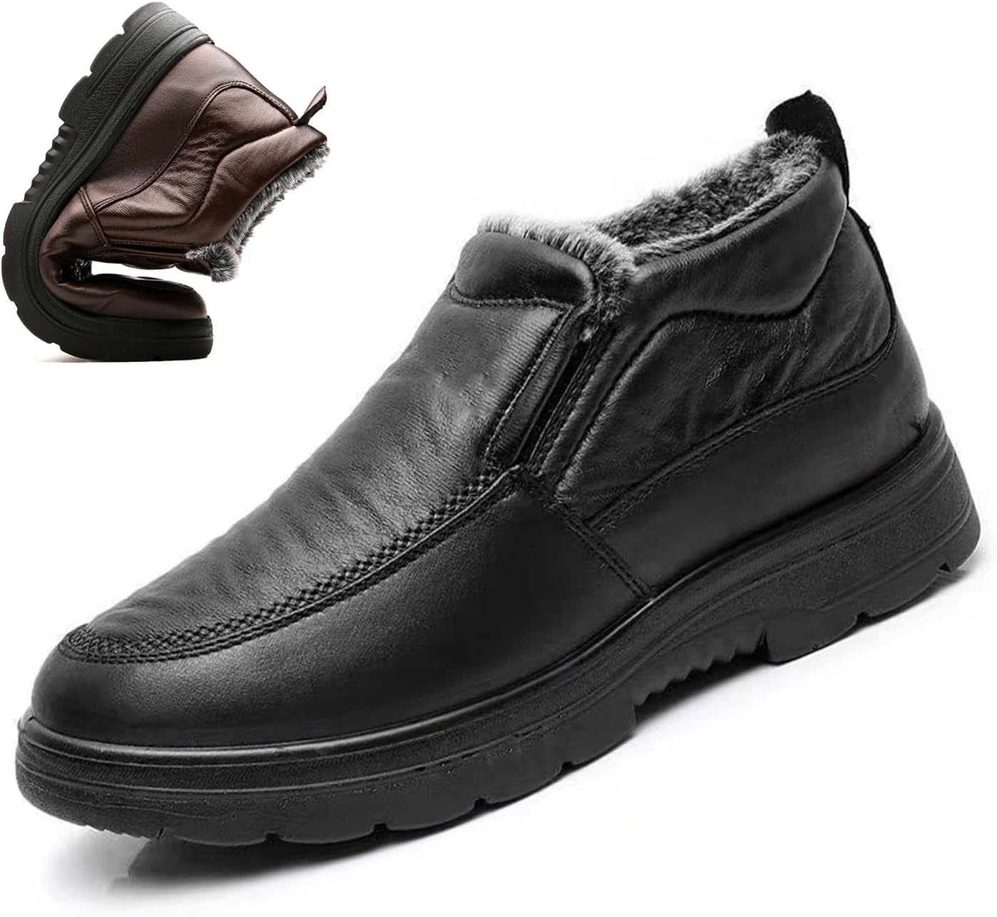 

Мужские зимние слипоны с теплой меховой подкладкой, противоскользящие ботинки, прогулочные лоферы для папы Generic, коричневый