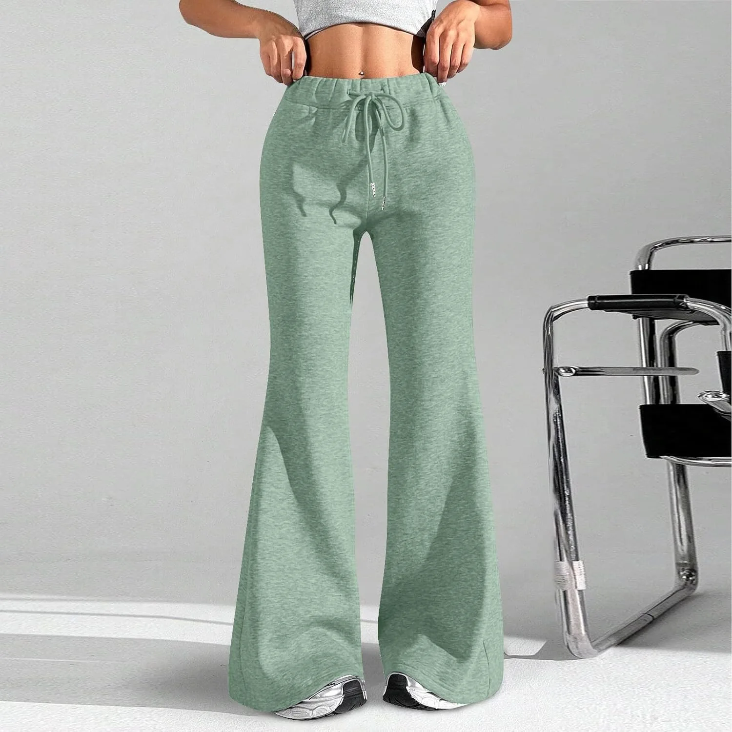Flare Sweatpants женские для тренировок в зале и йоги, спортивные широкие брюки с карманами, свободные леггинсы с высокой талией Generic, зеленый — фото 2