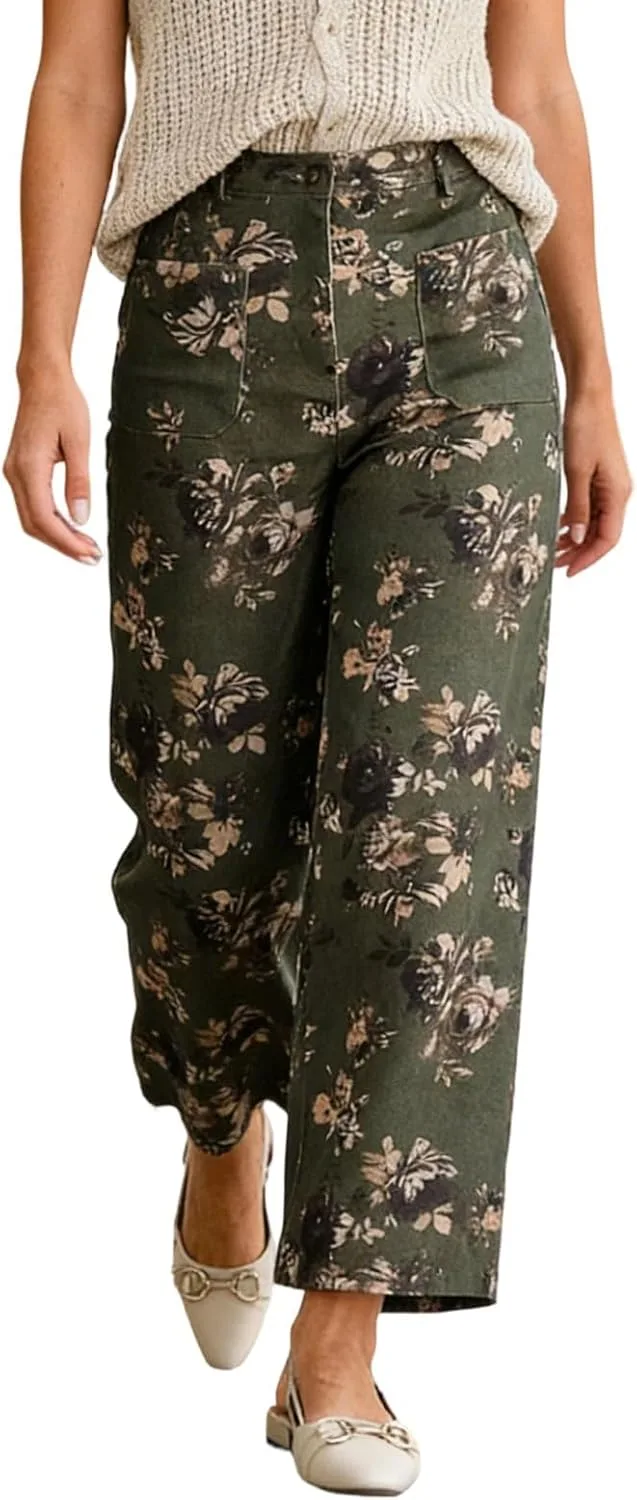 

Женские джинсы CHRTOU с высокой посадкой и широкими штанинами, укороченные, в цветочном принте CHARTOU