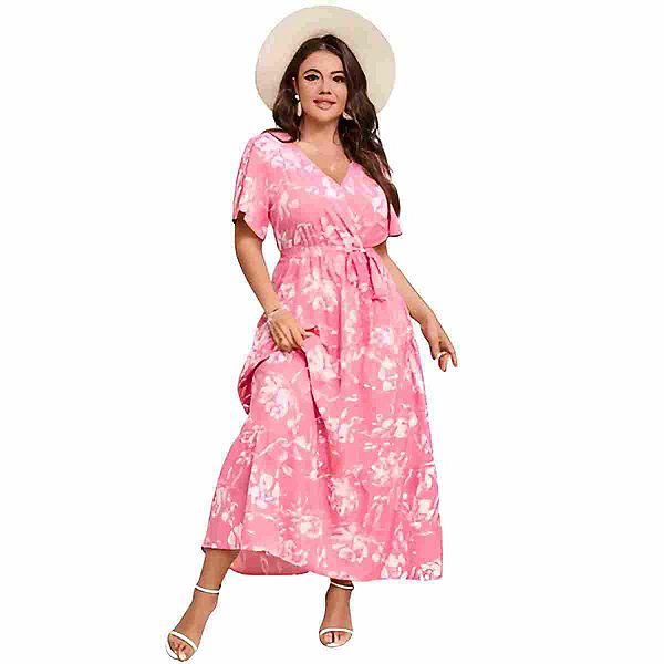 

Женское платье плюс сайз с коротким рукавом, свободное летнее повседневное миди Green Elysium, Pink Floral