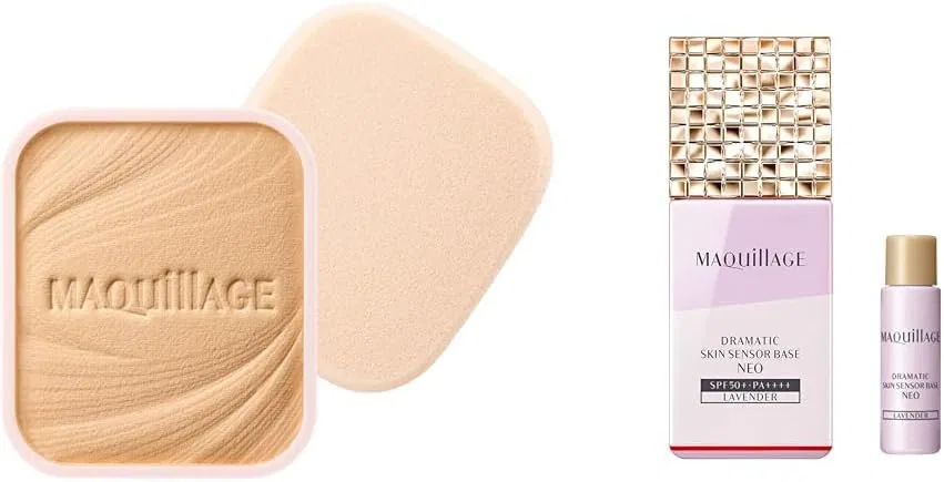 Пудра компактная MAQUILLAGE Dramatic Powder EX SPF25 PA+++ оттенок Ochre 10, 9.3 г, рефилл + база Skin Sensor Base NEO Lavender