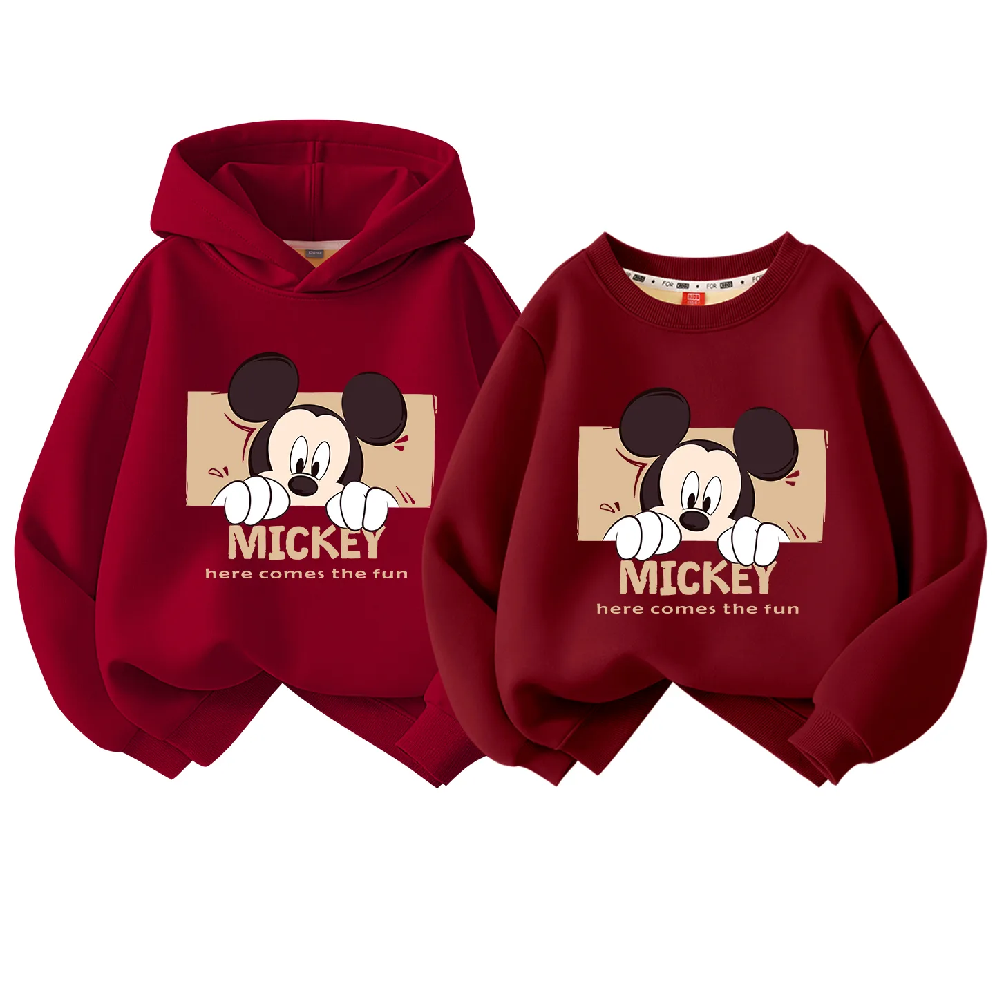 Детский худи утепленный Disney, [Thickened and Fleece-Lined]Burgundy+Square Block Indigo — фото 3