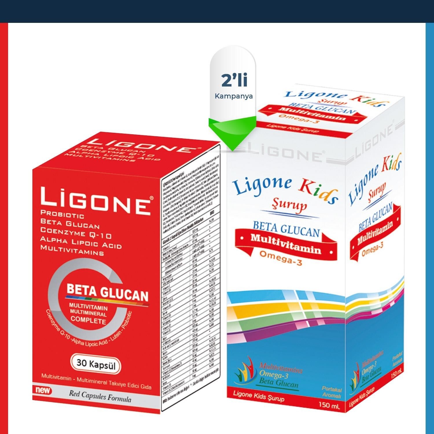 

Добавка Newdrog Ligone Beta Glucan, 30 капсул + мультивитаминный сироп Ligone Kids, 150 мл