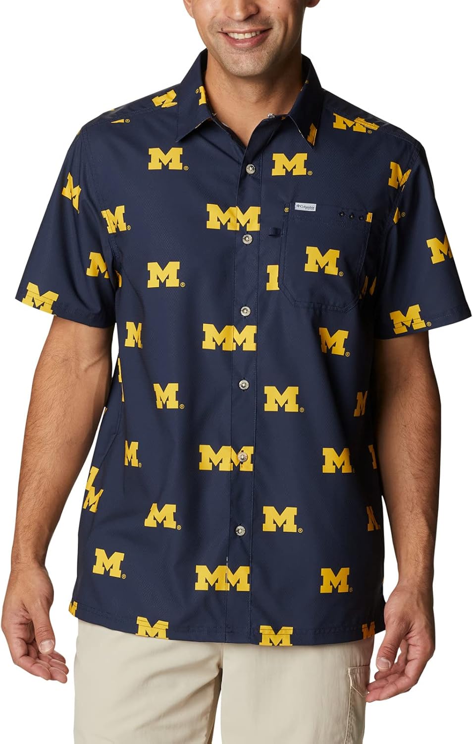 

Columbia Men's CLG Super Slack Tide рубашка, Um - Collegiate Navy Logo Print