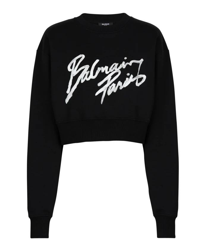 Укороченная толстовка из хлопка с принтом. Balmain, черный