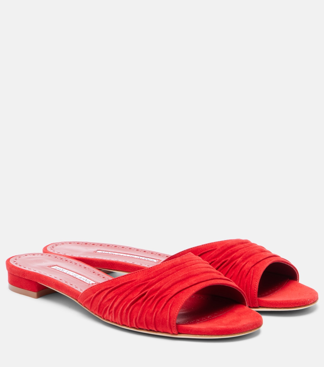 Пирфлат слайды из замши с эффектом сборки Manolo Blahnik, 6208 Bred