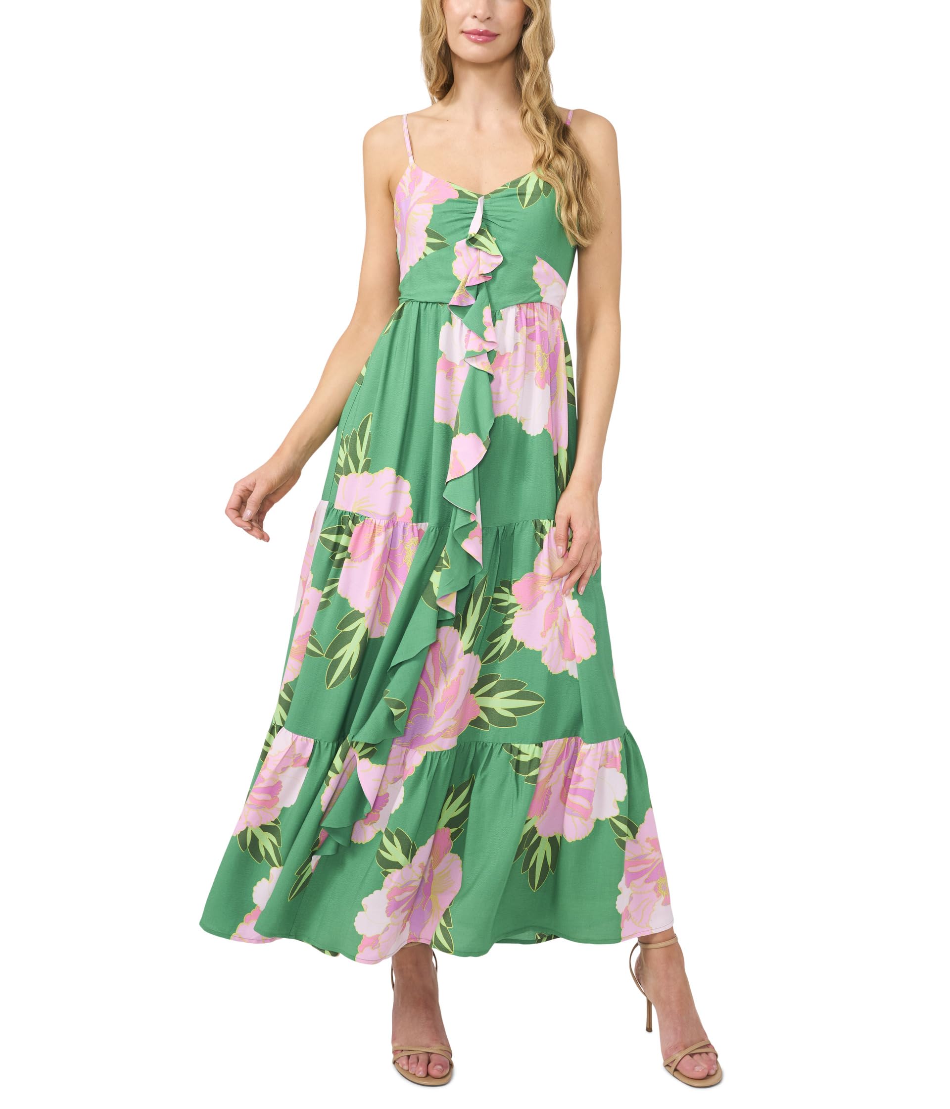 

Платье CeCe Ruffle Front Tiered Maxi Dress, цвет Medium Green