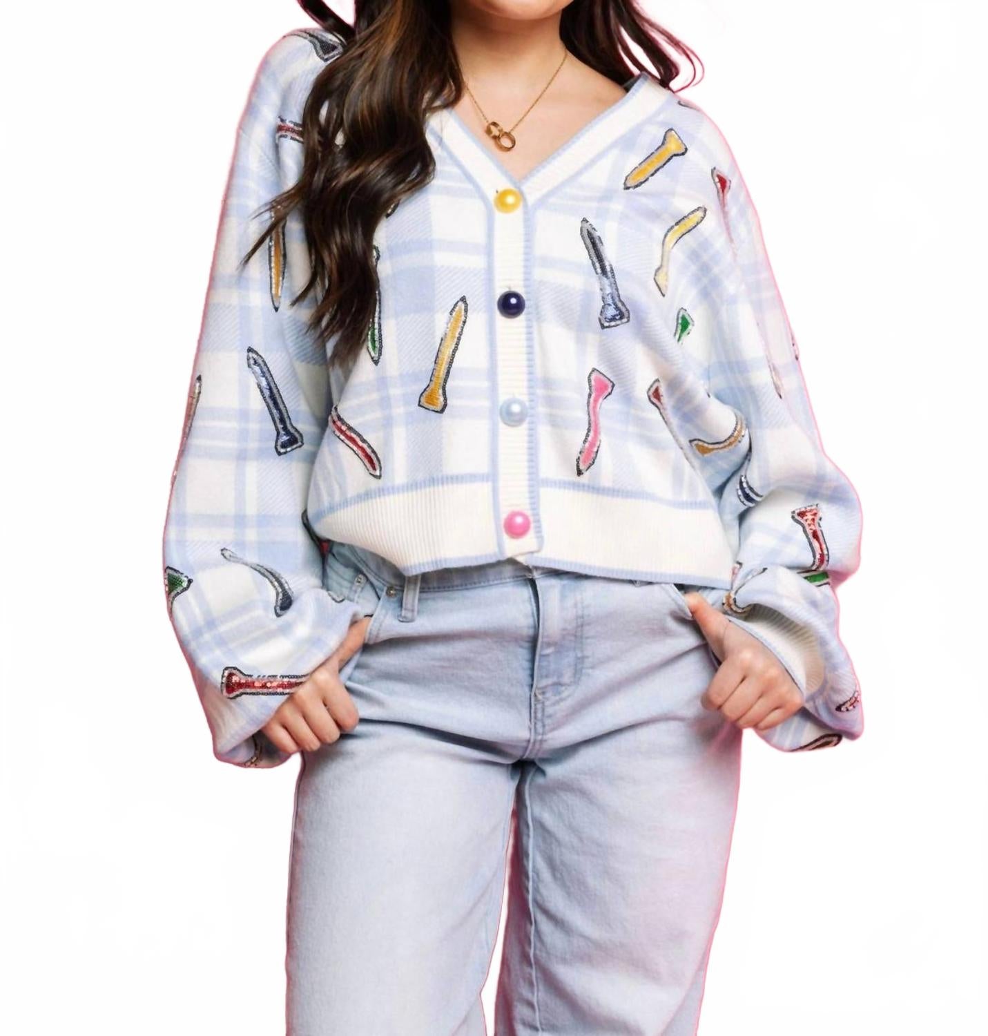 

Клетчатый гольф-кардиган с пуговицами в сине-белых тонах QUEEN OF SPARKLES