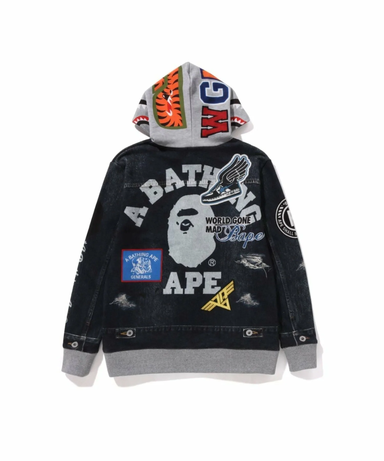 Куртка-худи на молнии с принтом Shark Bape Emblem из денима A BATHING APE, NAVY — фото 3
