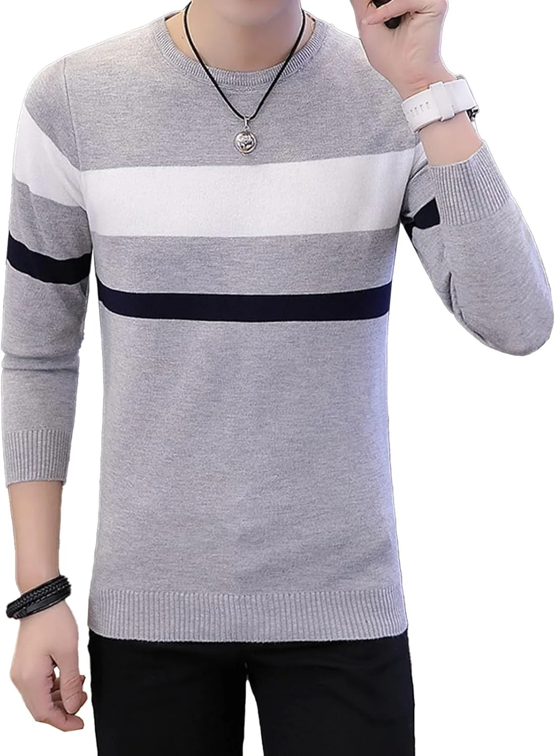 

Мужской свитер с круглым вырезом Slim Fit в полоску