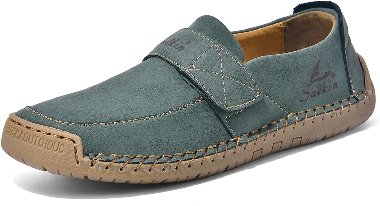 

Мужские повседневные лоферы без шнурков, вручную сшитые кожаные мокасины с ремешком на липучке, противоскользящей мягкой подошвой, прогулок и на улицу Eggdk, зеленый