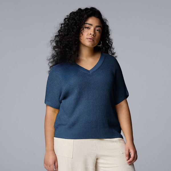 

Футболка-свитер больших размеров с V-образным вырезом Simply Vera Vera Wang, цвет must do blue