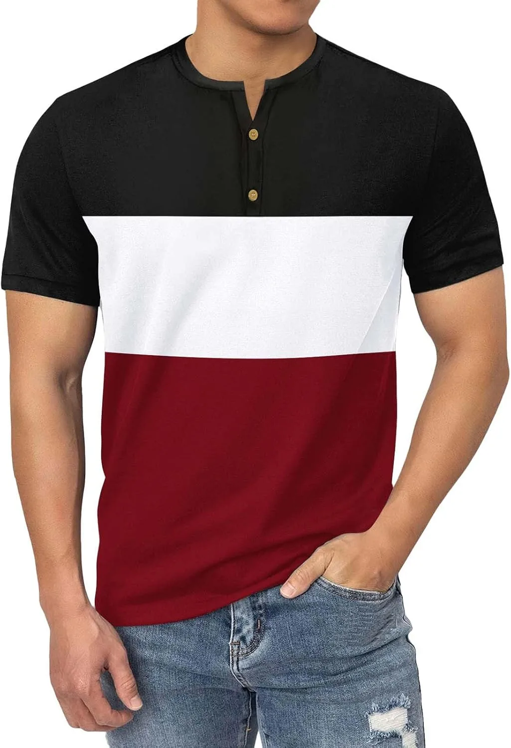 

Мужская футболка хенли с цветными блоками, короткий рукав, свободный крой