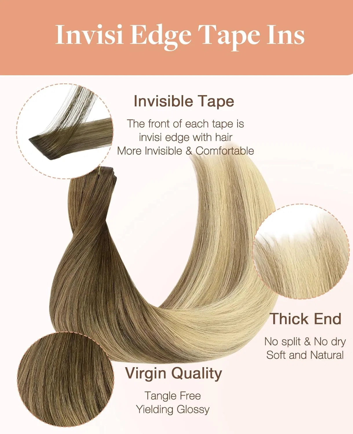 Наращивание волос на лентах GOO GOO Invisi Edge из натуральных волос Remy, 35 см, 25 г Goo Goo, In-#3/8/613 Ombre Walnut Brown To Ash Brown And Bleach Blonde — фото 4