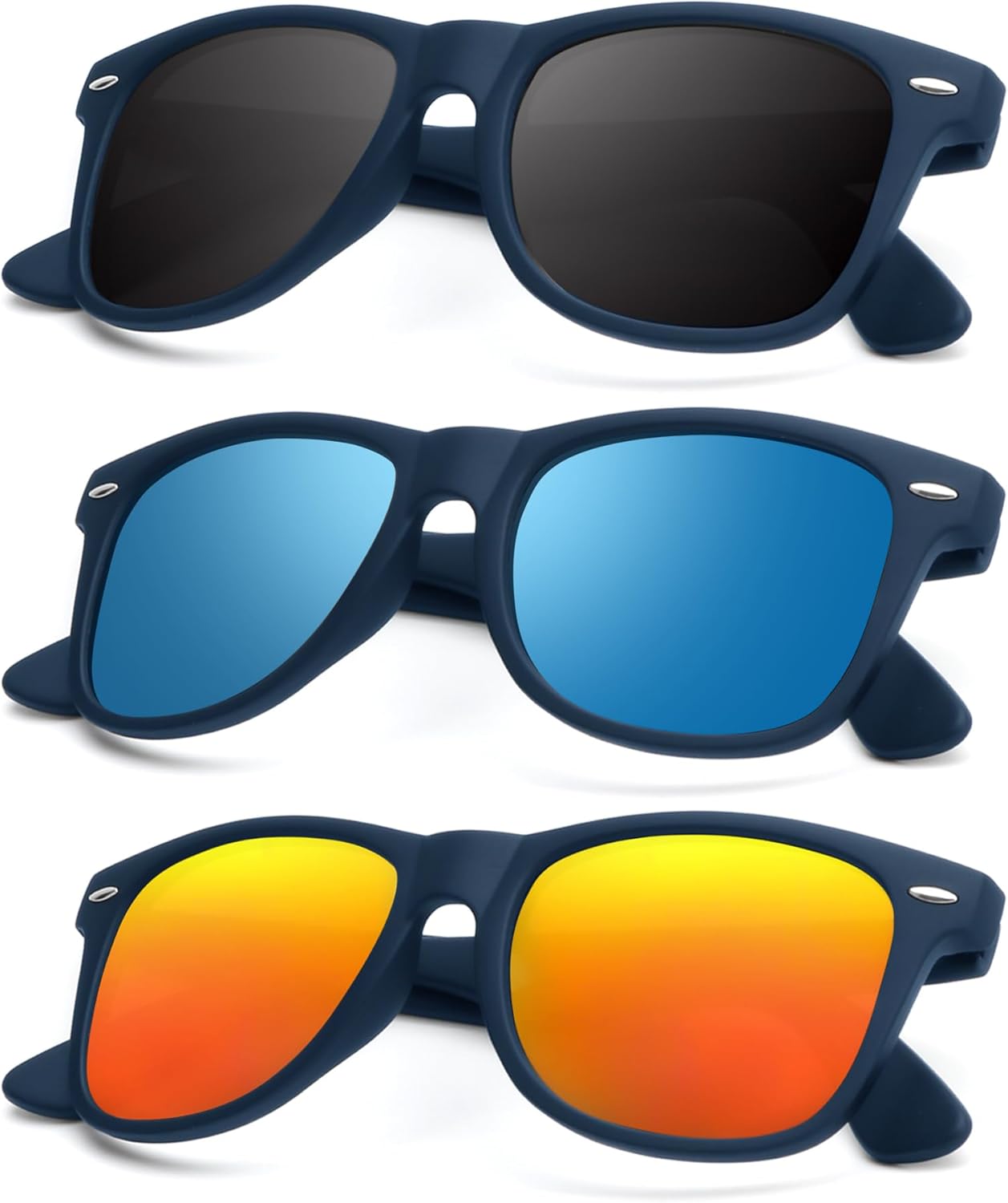 

Поляризованные солнцезащитные очки KALIYADI для мужчин и женщин, матовые линзы, цветные зеркальные линзы, защита от УФ-излучения (3 шт.), Dark Blue Frame | Black/Ice Blue/Red