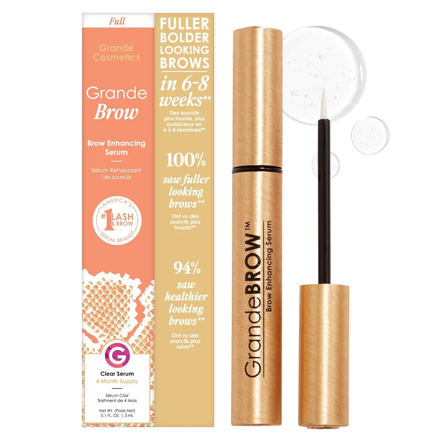 Бустер Grande Cosmetics — GrandeBROW для усиления роста бровей для более густых и выразительных бровей с, 3 мл