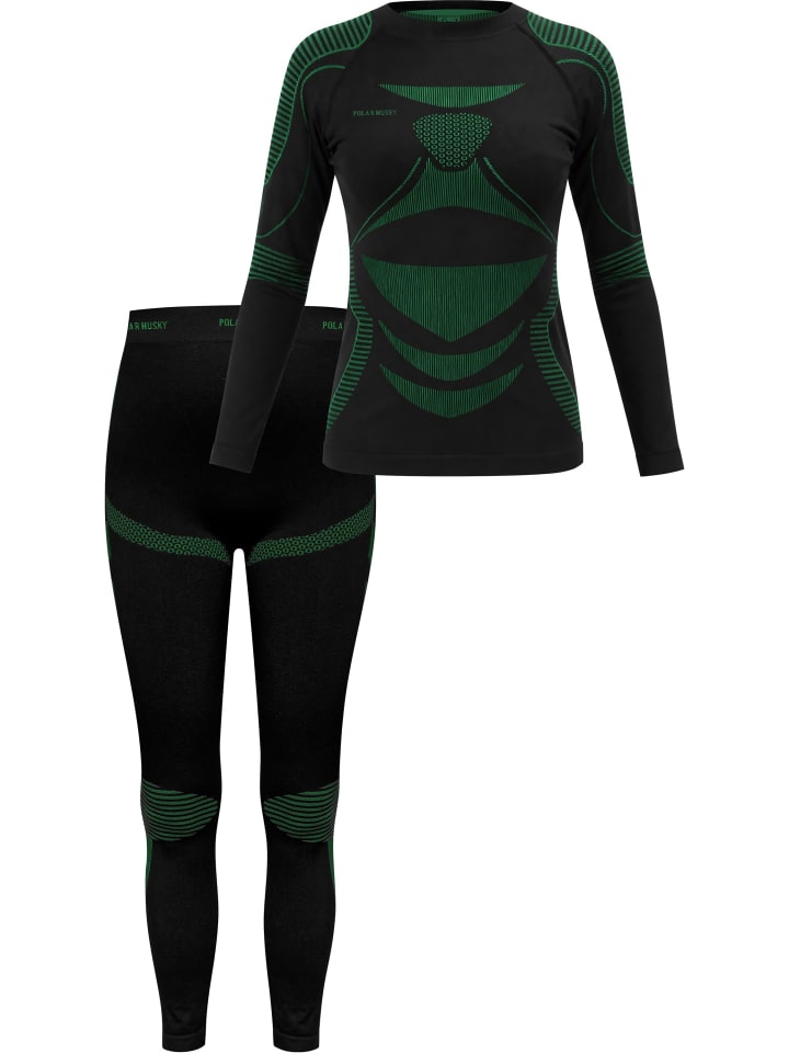 

Женский функциональный спортивный комплект нижнего белья: рубашка и брюки черного/зеленого цвета. normani