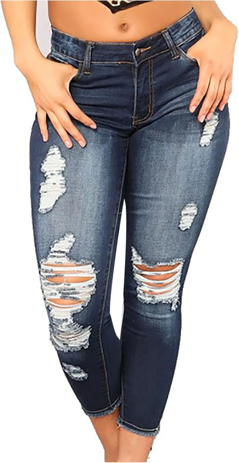 Женские скинни джинсы с потертостями и дырками, Slim Fit, Stretch