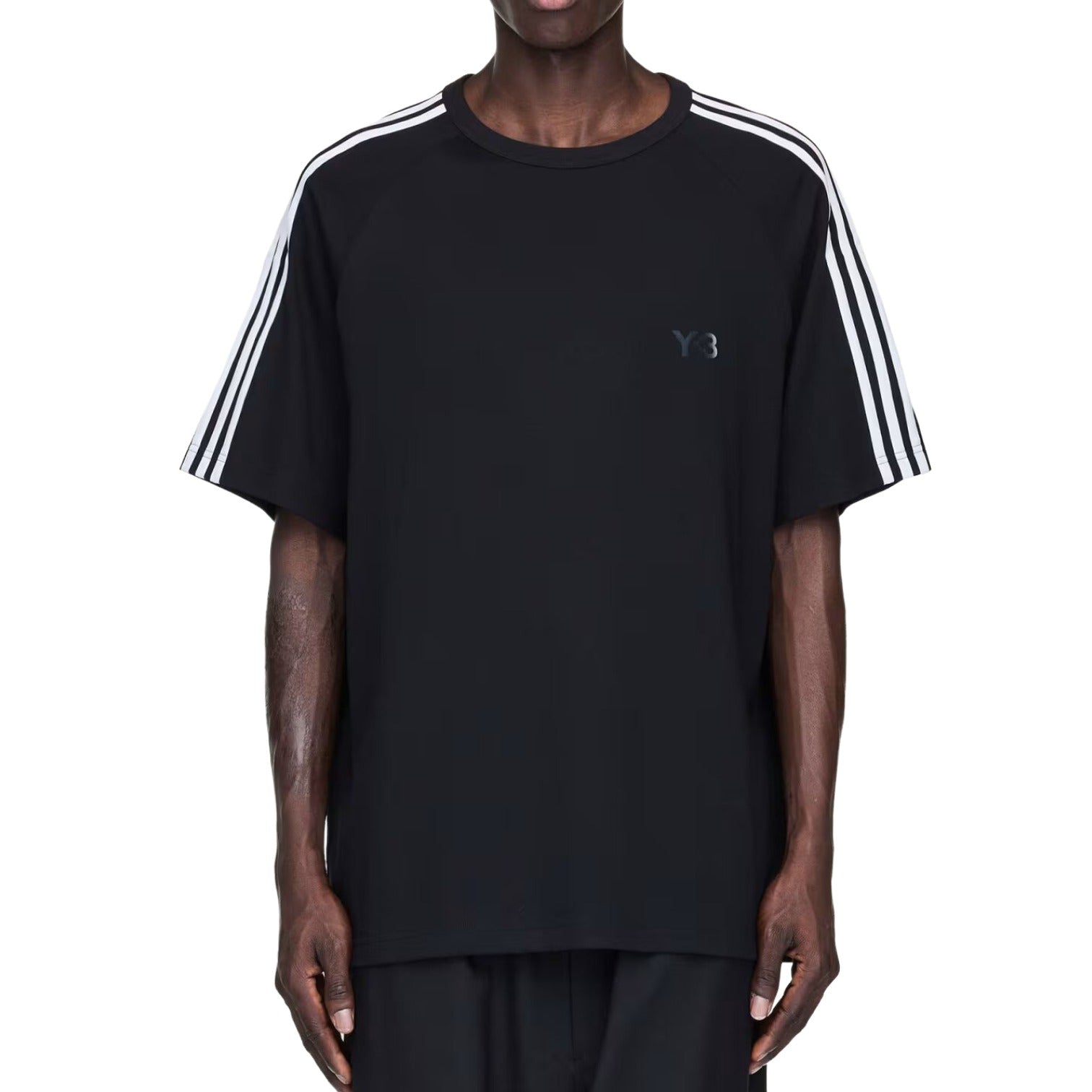 Футболка Adidas Y-3 с коротким рукавом и тремя полосками, черная, модель — фото 3