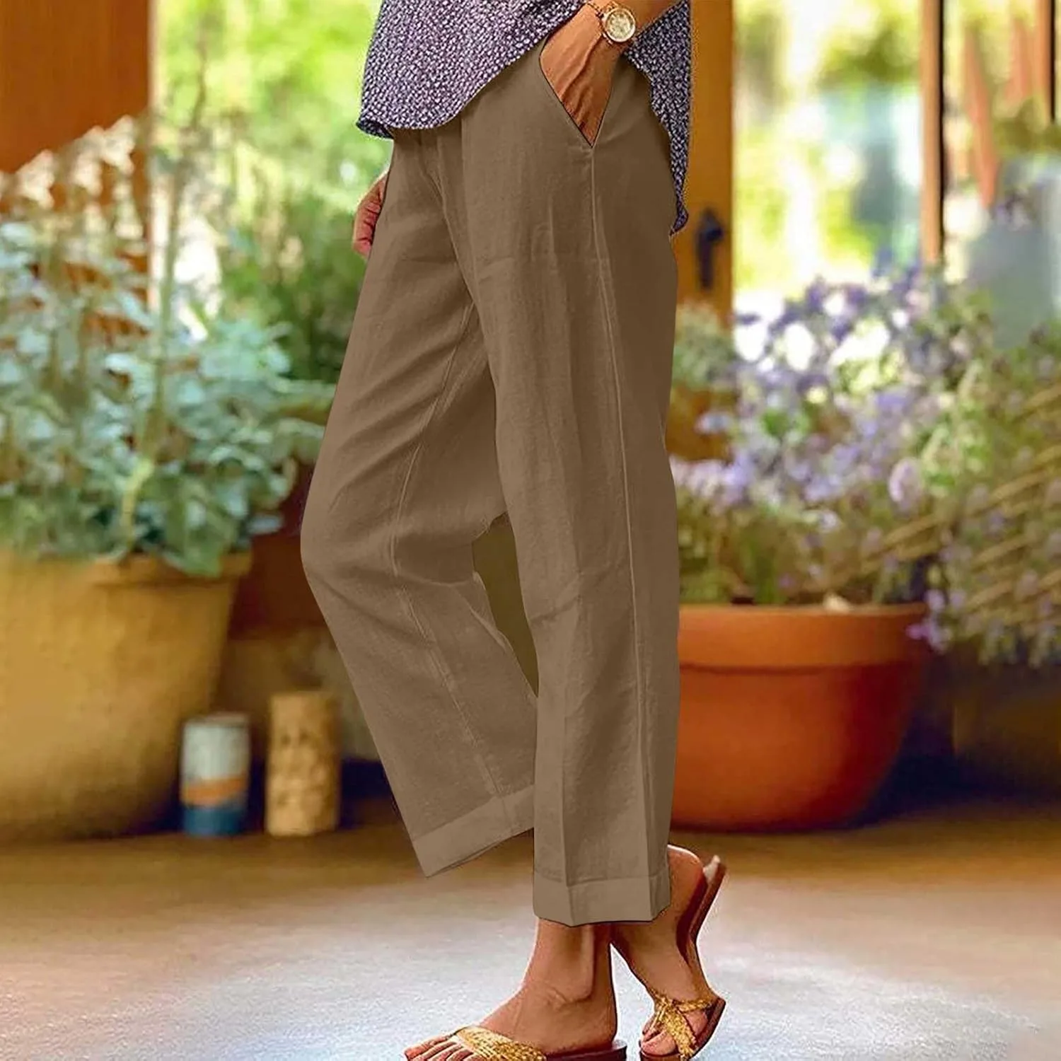 Женские брюки Casual Cotton Linen с эластичным поясом и шнурком — фото 2