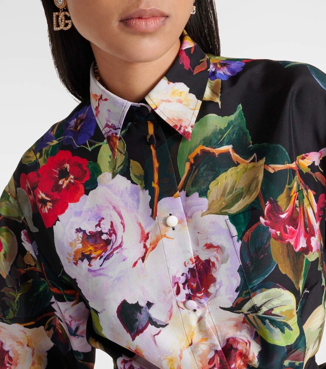 Платье-рубашка из шелкового атласа с цветочным принтом Dolce&Gabbana, мультиколор — фото 4