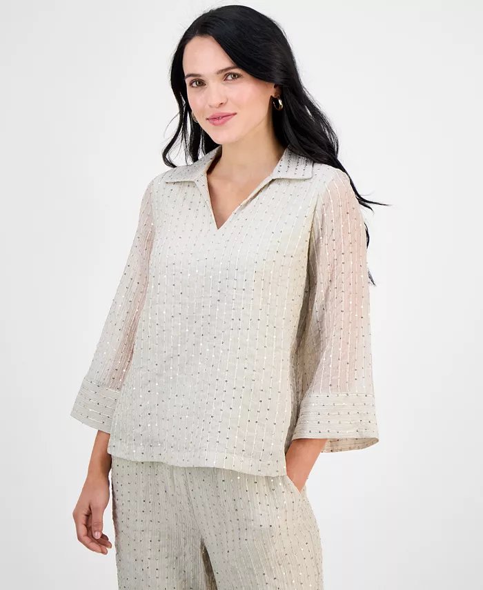 

Повседневный топ с пайетками и разрезом на горловине, с рукавом 3/4, Petite JM Collection, коричневый/бежевый