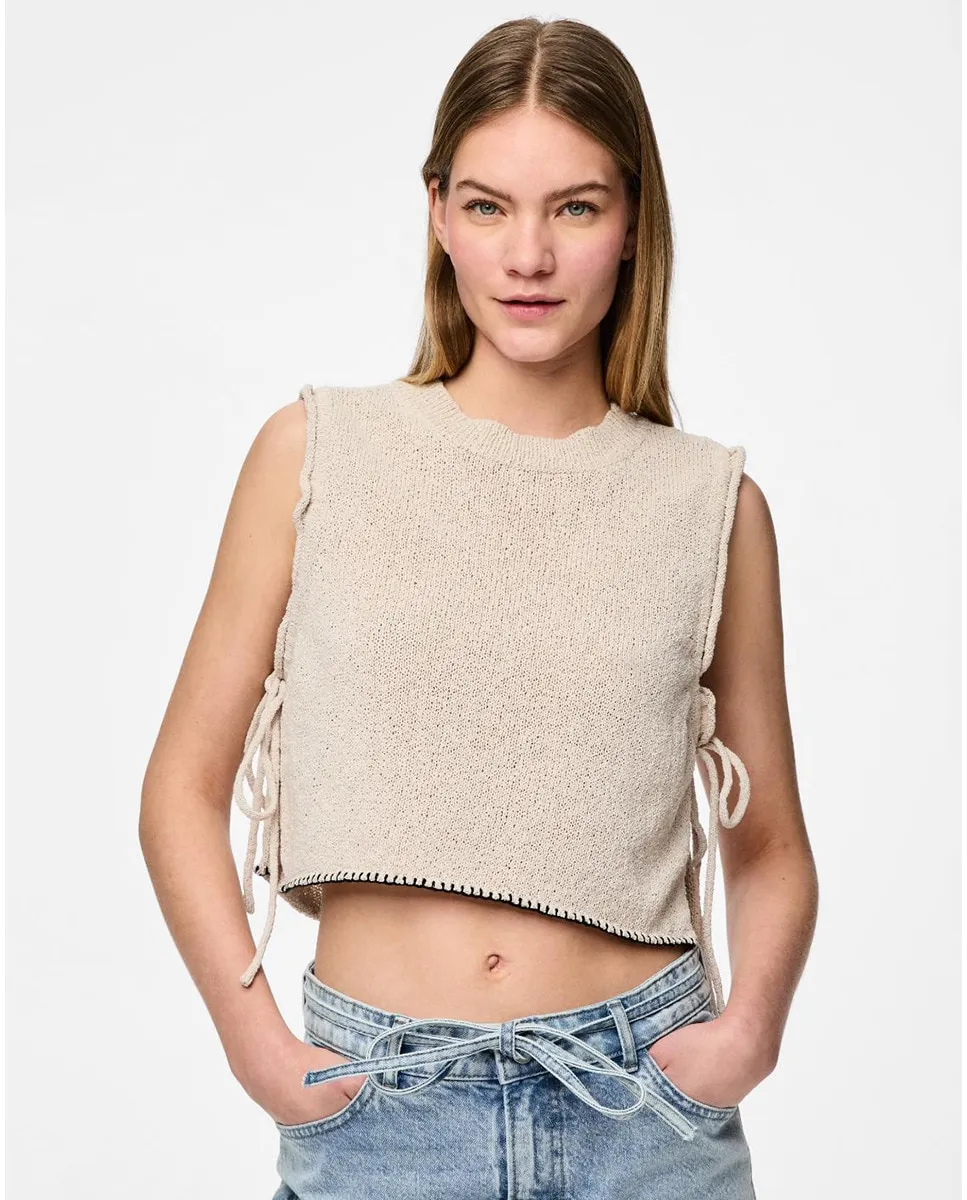 

Женский топ с кружевной отделкой и бантами Pieces, бежевый