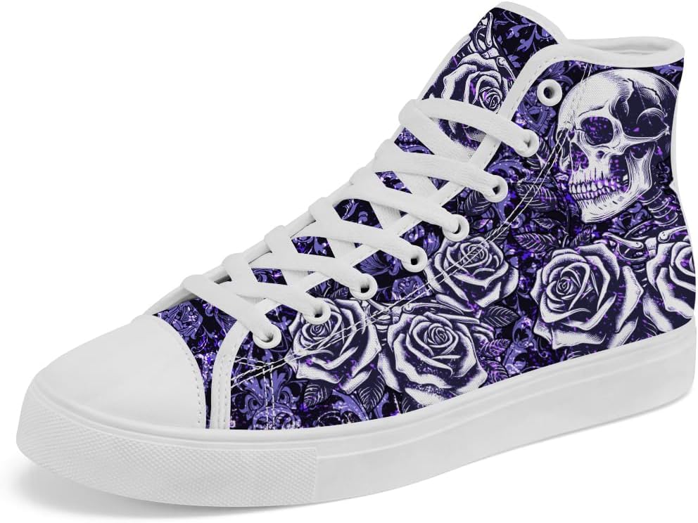 

Женские и мужские высокие кеды с цветочным черепом на холщовой основе, высокие кроссовки с черепом, повседневные шнуровки Chebing, пурпурный