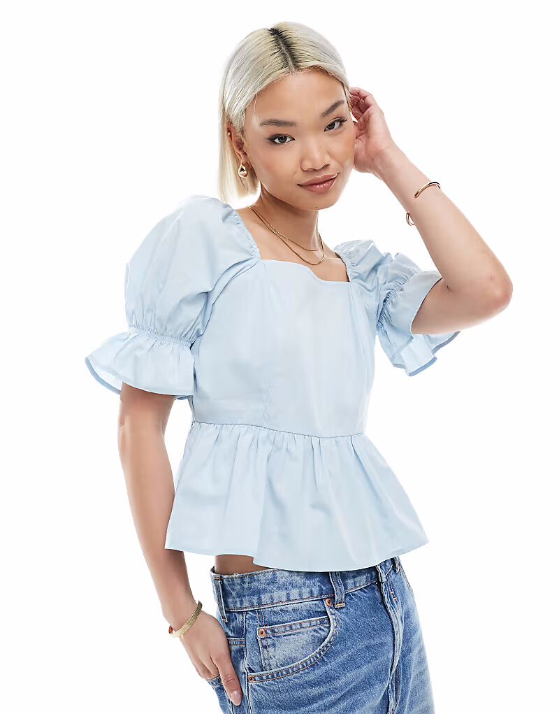 

Топ Miss Selfridge из поплина с баской в ​​пыльно-голубом цвете