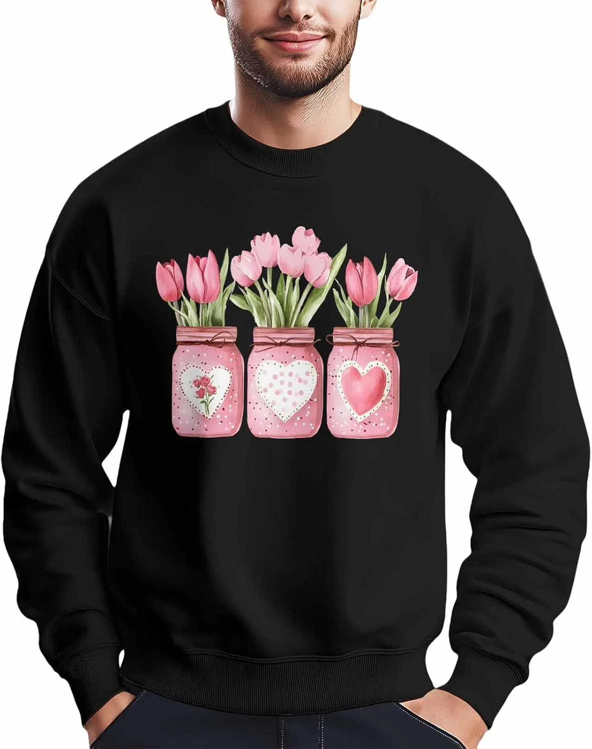 

Мужской свитшот с принтом розовых тюльпанов в вазе, Crewneck, Long Sleeve Winvebermior
