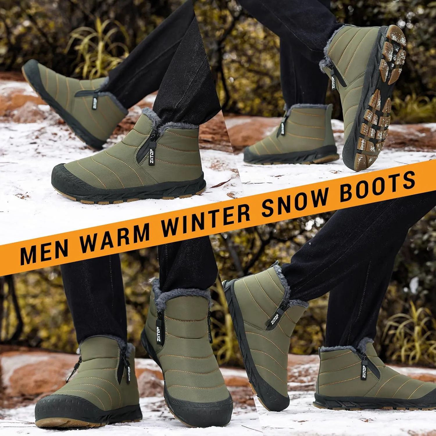 

Мужские зимние ботинки на снегоступах, водонепроницаемые, с меховой подкладкой, теплые ботинки до щиколотки с молнией, удобные для носки на улице, обувь для комфортной ходьбы Ziitop, зеленый