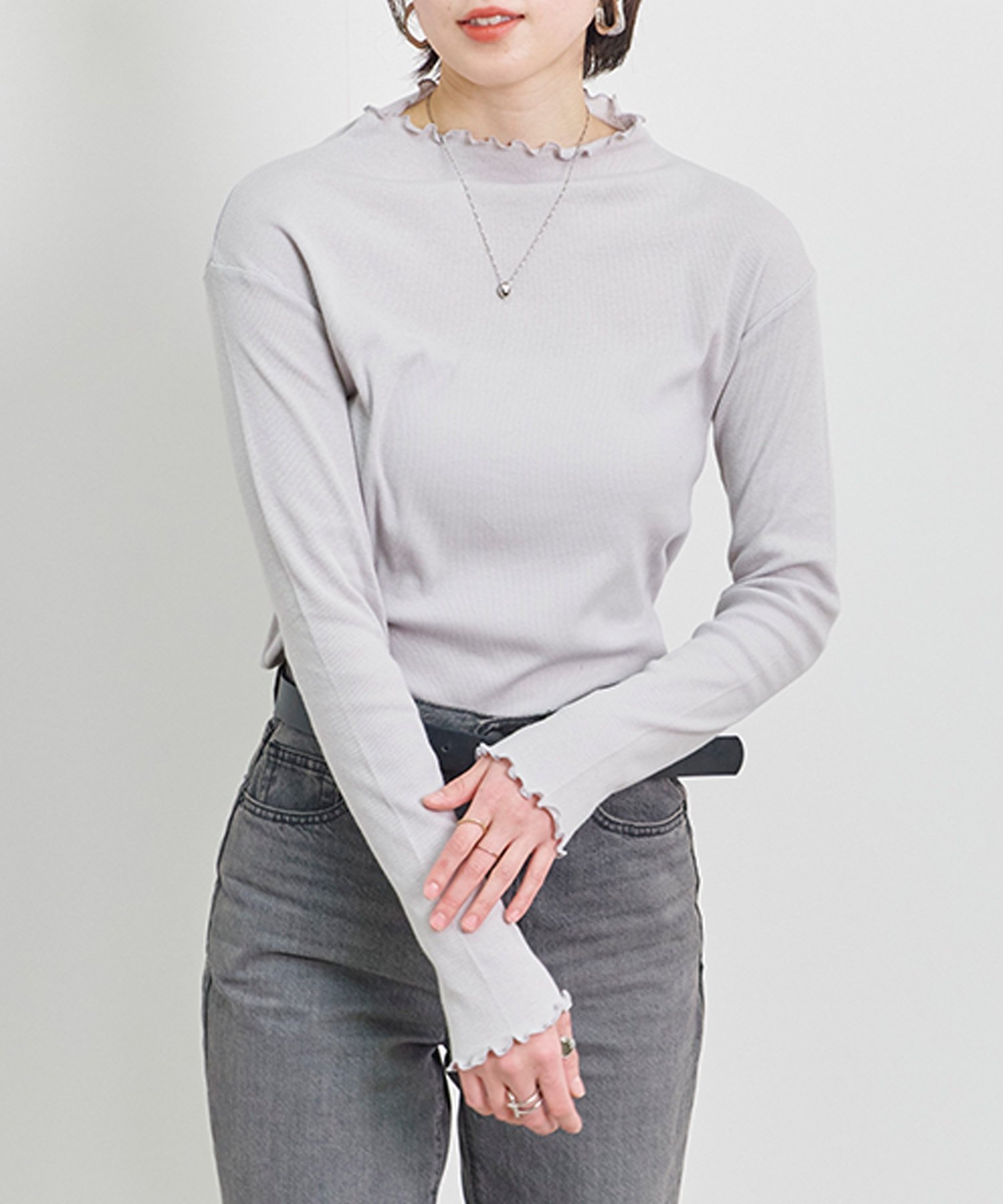 

mitis Хлопковая ребристая футболка с длинным воротником-стойкой, светло-серый