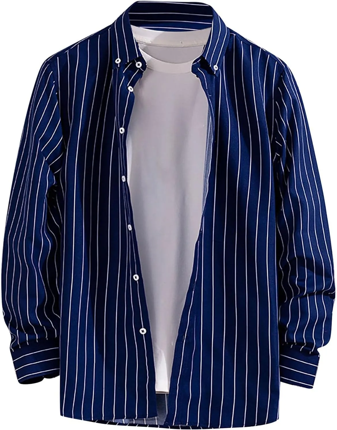 Мужская полосатая рубашка на пуговицах Casual Regular Fit, не мнется, с длинным рукавом, для делового формального стиля Generic, темно-синий