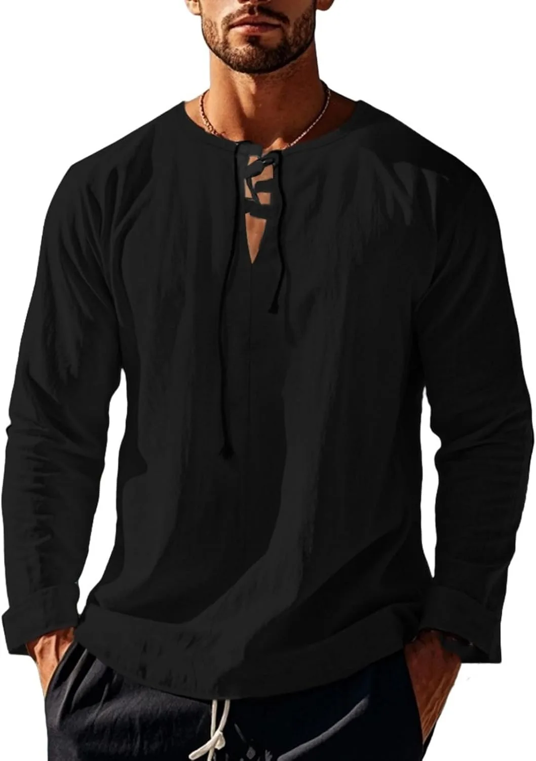 

Мужская модная рубашка с завязками, длинный рукав, хлопок-лен, V-образный вырез RSZGSWS