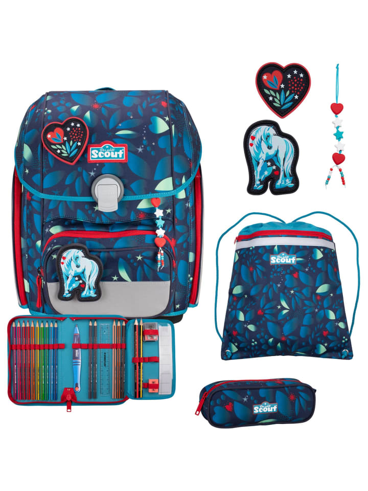 

Scout Набор школьных рюкзаков Genius со светодиодной подсветкой, 4 предмета, Белый Единорог в синем цвете